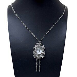 Vintage Futura Cuckoo Clock Quartz Pendant Necklace Silver-Tone Chain WORKS